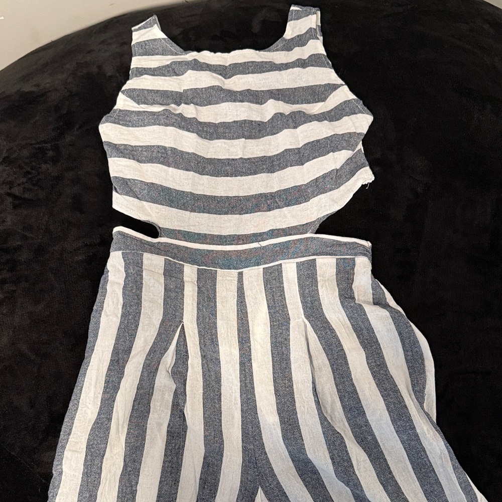 Source Unknown Navy and White Striped Jumpsuit